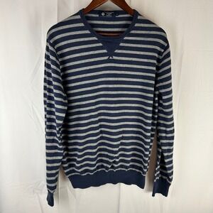 J Crew Mens Striped Crewneck Sweater Cotton Cashmere Navy‎ Grey Size L